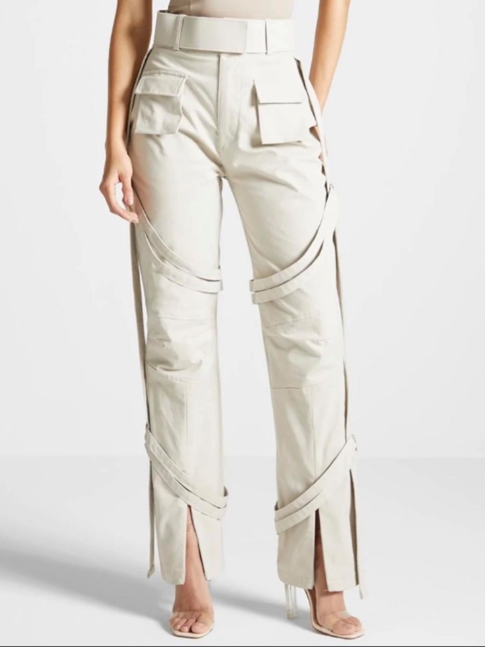 NWT Maniere De Voir Carpenter Cargo Trouser Straps Pant Khaki Cream US 8 UK 12